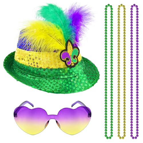 Hikkcos Faschingshut Pailletten Fedora Hut Lila Gelb Grün Karneval Kostüm Accessoires Kopfbedeckung für Karneval Umzug und Party für Männer Frauen von Hikkcos