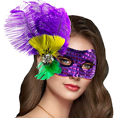 Hikkcos Karnevalsmaske mit Federn Maskerade Maske für Frauen Karneval Venezianischer Ball Abschlussball Paillettenmaske für Kostümparty Karnevalsumzug Halloween Cosplay Zubehör von Hikkcos