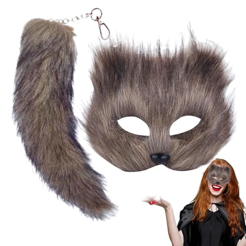 2pcs Fuchsmaske und Schwanz, Faux Fox Halloween Maske Flauschige halbe Gesichts Therian Maske mit Fuchsschwanz Schlüsselbund für Maskerade Halloween Cosplay Fuchs Maske, Grau, Masken für Erwachsene von Hilai