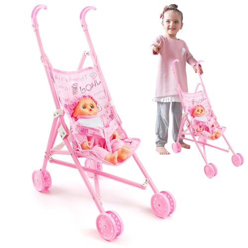 Hilai Babypuppe mit Kinderwagen, 2pcs Faltbare Babypuppenwagen weiche hautfreundliche Puppen-Kinderwagen-Kinderwagen-Kinderwagen-Spielzeug für Interaktives Rollenspiel, das vorgibt, Pushchairs von Hilai