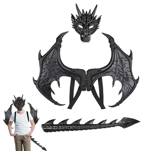 Halloween Capes Flügel für Kinder, Dragon Kostüm Kids Dragon Cosplay Dress Up Dinosaurier Flügel Schwanz mit Maske für Junge Mädchen 3pcs Schwarz von Hilai