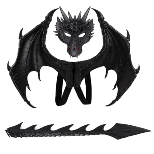 Halloween Capes Flügel für Kinder, Kinder Halloween Dragon Set Face Deckung Flügel Schwanz Cosplay Kostüm Foto Requisiten Black 3pcs von Hilai