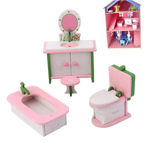 Hilai Miniatur-Sachen, Puppenhaus-Holzmöbel-Set, Miniatur-Stuhl, Kommode, Badewanne, Toilette, Modell, Puppenhaus-Zubehör von Hilai