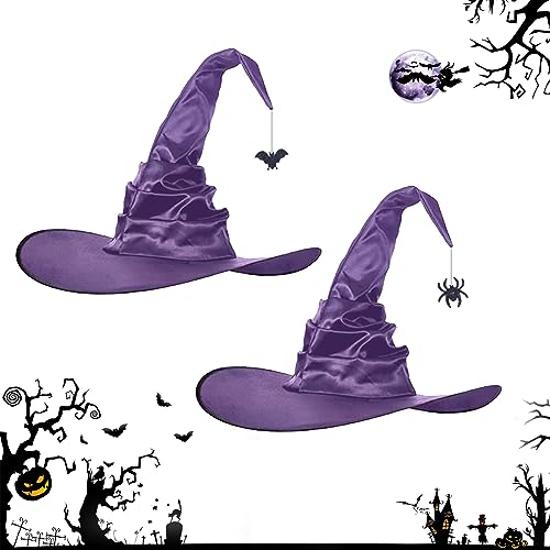 2PCS Halloween Hexenhut Lila Großer gerüschter Hexenhut mit Spinne Fledermaus Kinder Hexenhüte Vintage Zauberer Hut für Mädchen Jungen Erwachsene Halloween Kostüm Fancy Dress Accessoire von Hileyu