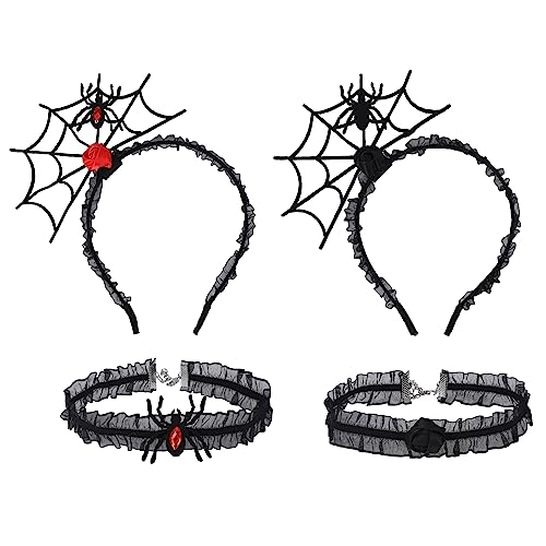 4 Stück Halloween Spinnennetz-Haarreif Halloween Halskette,Halloween Stirnband Choker Set Party-Haarreif Fotorequisiten für Halloween Party-Zubehör Halloween-Kostüm für Kinder und Erwachsene von Hileyu