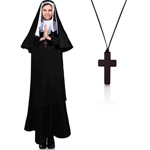 Damen Nonne Kostüm mit Holzkreuz Anhänger Halskette für Männer Frauen Halloween Kostüm Party (klein) von Hillban