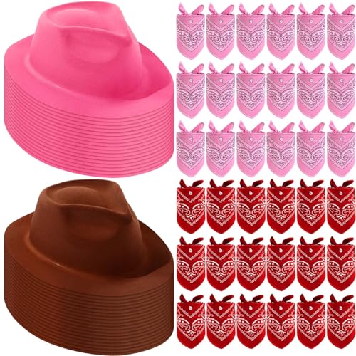 Hillban - 72 Stück Cowboyhüte und Bandana Set, 36 Cowboyhüte 36 Bulk Cowboy Bandanas für Kostümparty Kostüm (Kaffee, Rosa) von Hillban