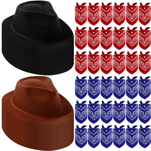 Hillban - 72 Stück Cowboyhüte und Bandana Set, 36 Cowboyhüte 36 Bulk Cowboy Bandanas für Party Kostüme Cosplay Kostüme (Schwarz, Kaffee) von Hillban