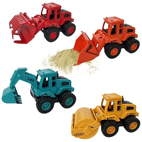 Hilloly 4 PCS Spielzeugautos Set Baufahrzeuge Spielzeug Enthält Bagger Straßenwalze Planierraupe Holzgreifer Geeignet für Kinder ab 3+ Jahren von Hilloly