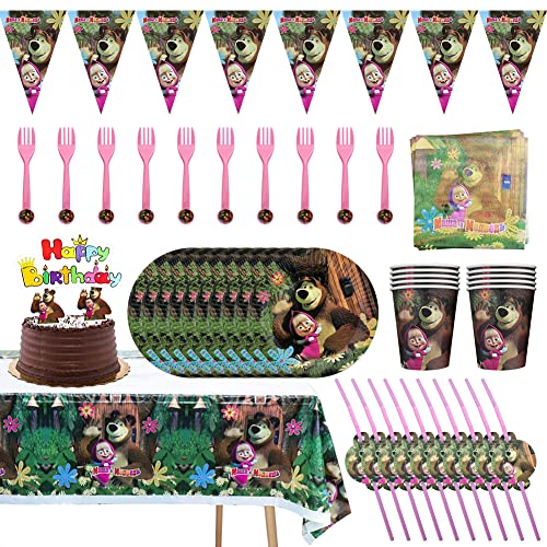 Hilloly Masha And Bear Partygeschirr, 72 Stück Wiederverwendbares Geschirrset Kindergeburtstag Party Dekoration Party Supplies Für Kindergeburtstag Partyzubehör Servietten Pappteller Trinkgläser von Hilloly