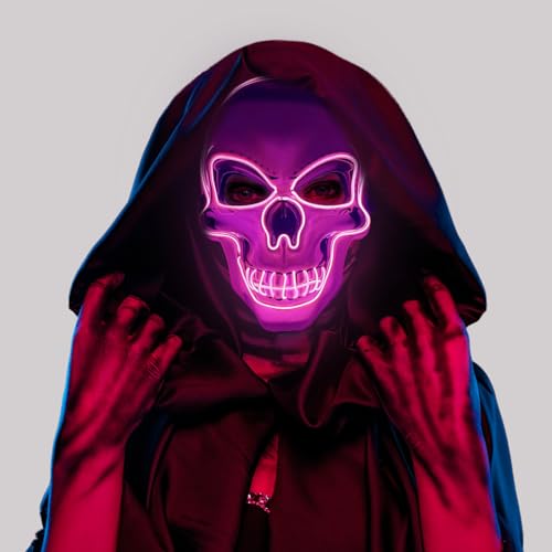 Hillylolly Halloween Led Maske horror Leuchtende Purge Maske, gruselige Schädel Maske mit 3 Leuchtmodi, Skelett Maske Led für Herren & Damen, Cosplay Kostüm Dekoration für Halloween, Karneval (Rosa) von Hillylolly