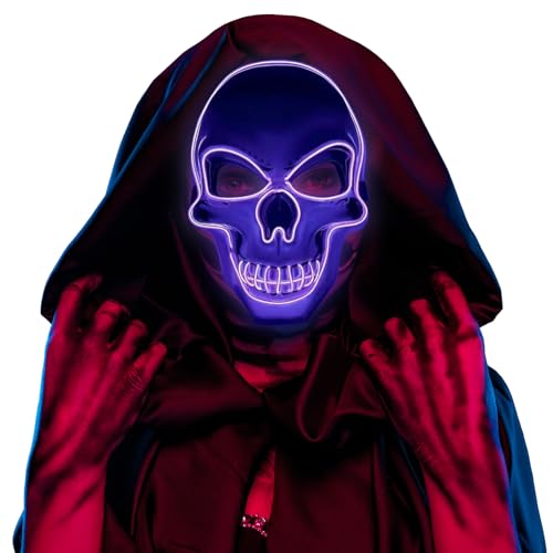 Hillylolly Halloween Led Maske horror Leuchtende Purge Maske, gruselige Schädel Maske mit 3 Leuchtmodi, Skelett Maske Led für Herren & Damen, Cosplay Kostüm Dekoration für Halloween, Karneval (Lila) von Hillylolly