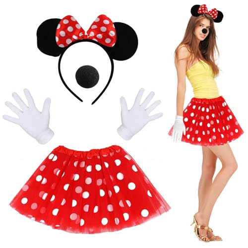 Hillylolly Mouse Kostüm, Damen Maus Mouse Kostüm, Kinderkostüme Mädchen Minni Maus, Tutu Rot mit Weißen Punkten, Haarreifen mit Maus Ohren, Handschuhe, Nase, für Fasching Karneval Motto Cosplay Party von Hillylolly