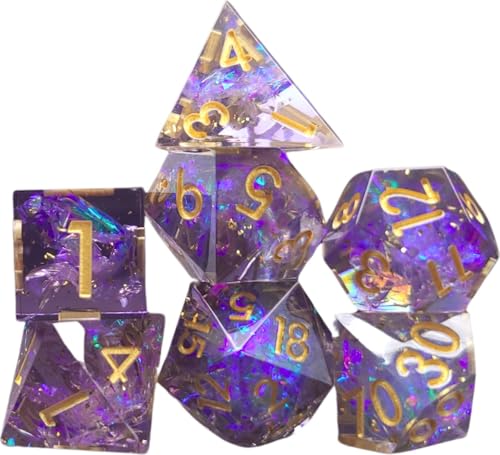 Hilvard Harz Würfel Set, Purple Dream, D&D Dice Set, DnD Polydice Set, 7 Stück, Inklusive Metallcase und Samt Aufbewahrungsbeutel, Geeignet für Dungeons and Dragon, Geeignet für Magic the Gathering von Hilvard