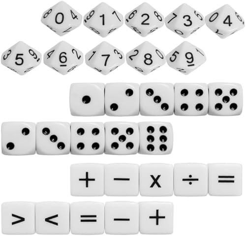 30 Stück Standard Mathe Würfel, 16mm Unterrichtswürfel 10 PCS Mathe Operationswürfel, 10 PCS Zahlenwürfel, 10 PCS Punktwürfel Weiß Rechenwürfel Würfelspiel Spielewürfel Set für Partys von Hioip