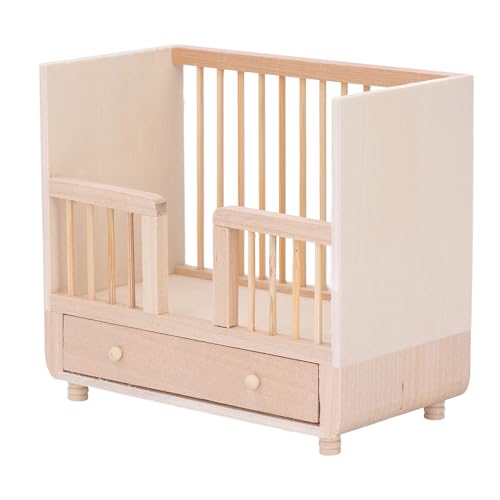 1:12 Puppenbett aus Holz, Stubenwagen, Simuliertes Kinderbett, Miniatur-Babypuppenbett, Niedliches Holzbettspielzeug für Schlafzimmer, Kinders, Birkenholz, 11,2 X 9,9 X 6,1 cm von Hiraith