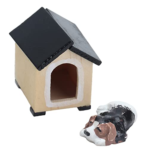 Hiraith Puppenhaus-Hundehütte, Lebensecht, 12 Hundehütten-Zubehörteile, Verbessern die Fantasie der Kinders, Kunstharz-Birke, 3,2 cm Hundelänge, 3,3 cm Zwingerhöhe, für Kinders von Hiraith