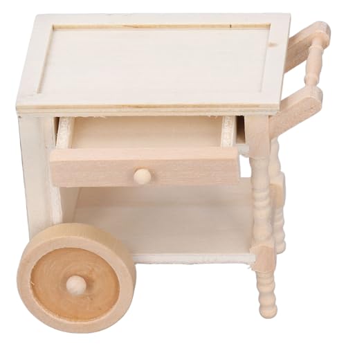 Mini-Speisewagen, Naturgetreuer Retro-Ornament-Mini-Servierwagen aus Holz für das Puppenhaus, Fördert Fantasievolles Spielen, Birkenmaterial, Maßstab 1:12 von Hiraith