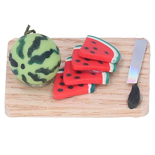 Mini-Wassermelonen-Puppenhausmodell, Lebendige Miniatur-Fruchtdekoration aus Ton für die Küche oder das Wohnzimmer des Puppenhauses, mit Schneidebrett und Messer von Hiraith