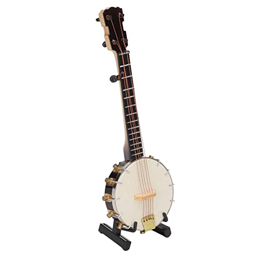 Miniatur-Banjo-Modell, Lebensechte, Glattere Oberflächen mit Halterung, Aufbewahrungsbox, Mini-Banjo-Spielzeug aus Lindenholz für Tribut, Spielzeug, Puppenhaus-Dekoration von Hiraith