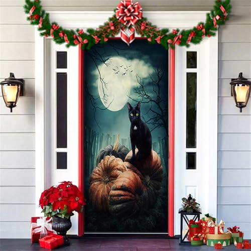 Hiseng Halloween Deko Banner, Happy Halloween Türabdeckung Hängende Türdeko Hintergrund für Halloween Party Wand Veranda Haustür Horror Spukhaus Deko Festival Requisiten -200x90cm (Schwarz Katze) von Hiseng