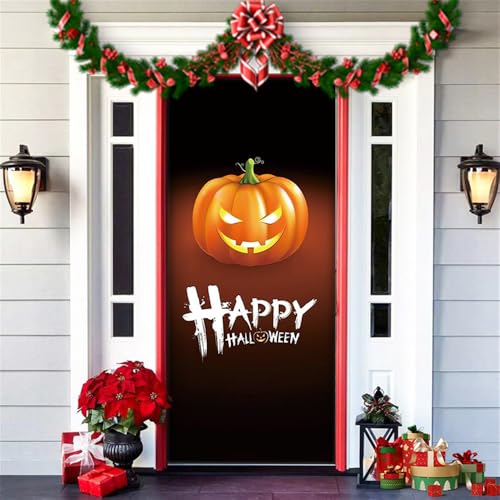 Hiseng Halloween Deko Banner, Happy Halloween Türabdeckung Hängende Türdeko Hintergrund für Halloween Party Wand Veranda Haustür Horror Spukhaus Deko Festival Requisiten -200x90cm (Trick Or Treat) von Hiseng