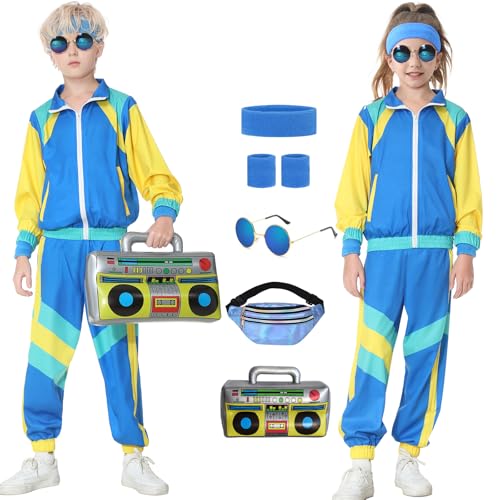 Hislovy 80er Jahre Kostüm Kinder,90er Jahre Outfit Trainingsanzug Jungen Mädchen Halloween Karneval, Blau, 104/110 von Hislovy