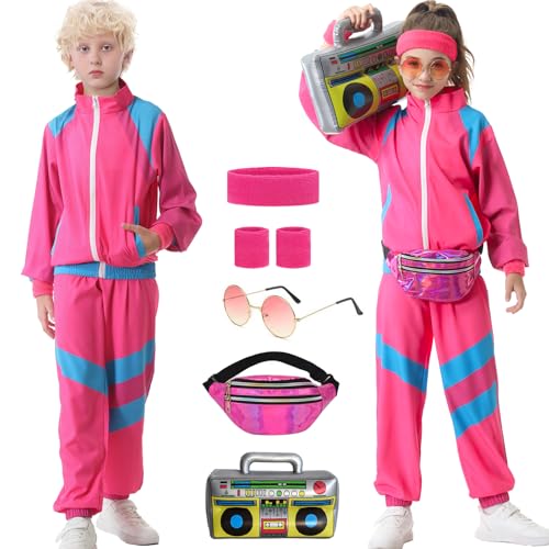 Hislovy 80er Jahre Kostüm Kinder,90er Jahre Outfit Trainingsanzug Jungen Mädchen Halloween Karneval, Rosa, 104/110 von Hislovy