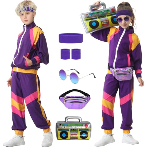 Hislovy 80er Jahre Kostüm Kinder,90er Jahre Outfit Trainingsanzug Jungen Mädchen Halloween Karneval, Violett, 122/128 von Hislovy