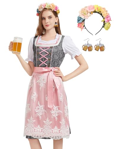 Hislovy Dirndl Damen, 5 Teiliges Oktoberfest Damen Outfit Dirndl-Komplettsets Trachtenkleid Midi für Karneval Cosplay(Grau, M) von Hislovy