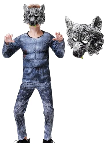 Hislovy Kinder Jungen Wolf Kostüm Verkleidung Cosplay mit Maske für Karneval Halloween Party Weihnachten,Grau,M von Hislovy