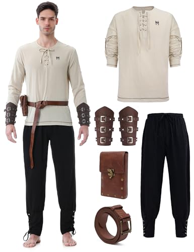 Hislovy Mittelalter Kostüm Herren, Mittelalter Kleidung Renaissance Ritter Set für Halloween Karneval, Khaki, 3XL von Hislovy