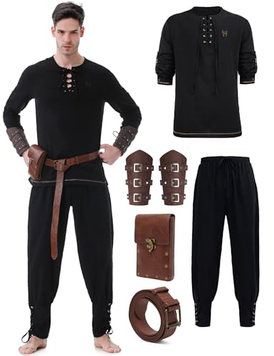 Hislovy Mittelalter Kostüm Herren, Mittelalter Kleidung Renaissance Ritter Set für Halloween Karneval, Schwarz, 3XL von Hislovy