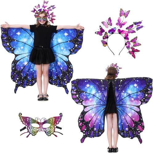 Hislovy Schmetterling Kostüm Kinder Mädchen, 3 Stück Schmetterling Feenflügel Schmetterling Umhang für Halloween Karneval (Blau) von Hislovy