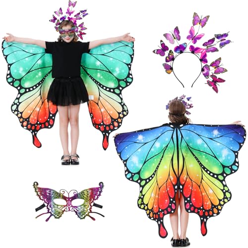 Hislovy Schmetterling Kostüm Kinder Mädchen, 3 Stück Schmetterling Feenflügel Schmetterling Umhang für Halloween Karneval (Grün) von Hislovy