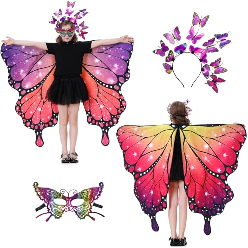 Hislovy Schmetterling Kostüm Kinder Mädchen, 3 Stück Schmetterling Feenflügel Schmetterling Umhang für Halloween Karneval (Lila) von Hislovy