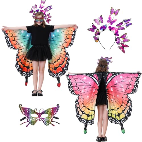 Hislovy Schmetterling Kostüm Kinder Mädchen, 3 Stück Schmetterling Feenflügel Schmetterling Umhang für Halloween Karneval (Rosa) von Hislovy