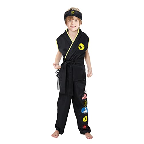 Kinder Jungen Karate Kostüm Cobra Cosplay Verkleidung Kung Fu Kampfsport Taekwondo Anzug Karateanzug mit Stirnband für Faschingsfeier Karneval Halloween Party Weihnachten(Large,Schwarz) von Hislovy