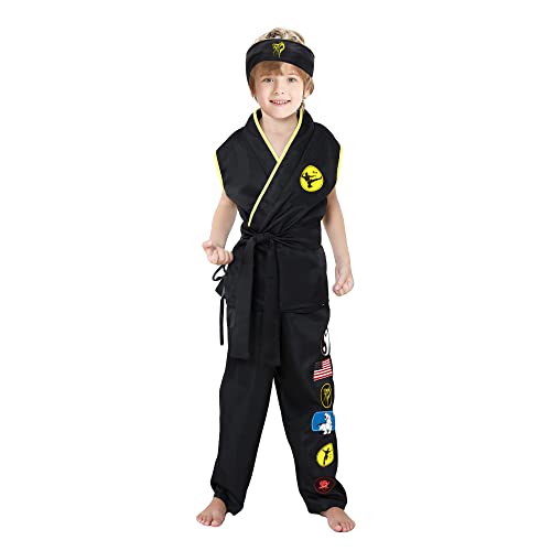 Kinder Jungen Karate Kostüm Cobra Cosplay Verkleidung Kung Fu Kampfsport Taekwondo Anzug Karateanzug mit Stirnband für Faschingsfeier Karneval Halloween Party Weihnachten(Medium,Schwarz) von Hislovy