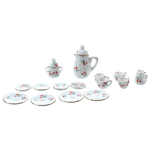 Histos 15 Stueck Miniatur Puppenhaus Geschirr Porzellan Tee Set Geschirr Tasse Teller rote Kirsche von Histos