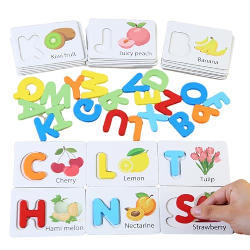 Hitburu Alphabet-Matching-Kartenspiel, Holz-Rechtschreib-Lernspielzeug - Buchstabenpuzzle aus Holz - Frühpädagogisches Rechtschreibspielzeug für 3-6-Jährige, Fruchtkognitionsspiel von Hitburu