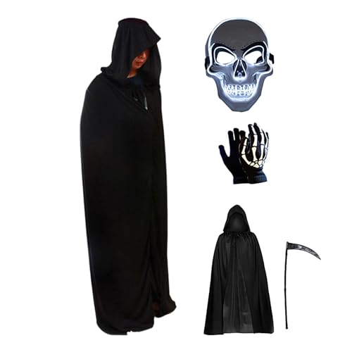 Hitburu Halloween-Umhang-Reaper-Outfits,Halloween-Umhang-Reaper-Umhang, Cosplay Kostüm Todesumhang, 4X Halloween-Kostüm, Totenkopf-Handschuhe, Kapuzenumhang, Verkleidungskleidung für Halloween, von Hitburu