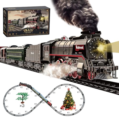 Hitish Eisenbahn Set für Kinder, Elektrische Eisenbahnspielzeuge mit Realistischen Lichtgeräuschen Rauch, Weihnachtszug Modell Geschenke, Dampflokomotive, Luxus-Schiene & 2 Leuchtende Personenwaggons von Hitish