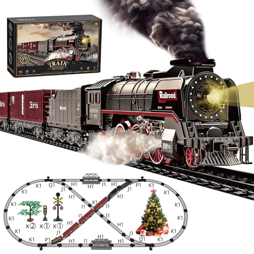 Hitish Train Set for Kids, Electric Train Toys with Realistic Light Sounds Smoke, Christmas Train Model Gifts for Toddlers Boys Girls, Steam Locomotive, Luxury Track & 3 Truck Carriages von Hitish