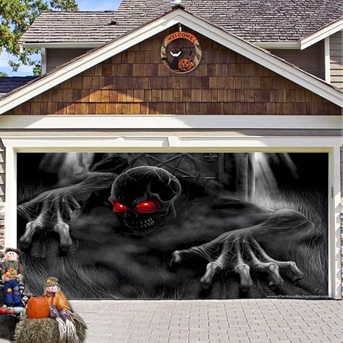 Hixingo Garagentor Banner, Tür Banner Happy Halloween Banner Poster Party Banner Hintergrund Türdeko Haustür Halloween Outdoor Deko für Dekoration Veranda Wand (Skelett,400x180cm) von Hixingo