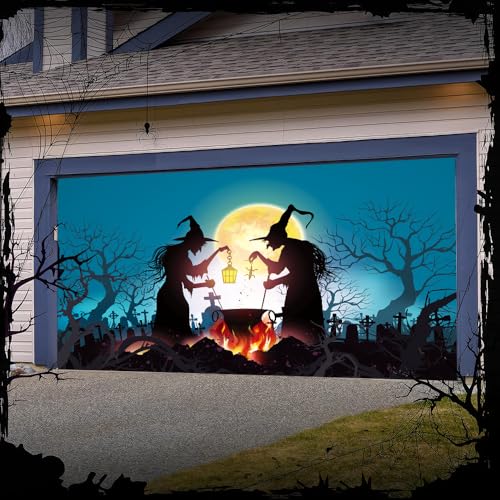 Hixingo Garagentor Banner Halloween Tür Banner mit Ösen und Seil, 3D Gruseliger Kürbis Grab Halloween Party Banner Poster Foto-Hintergrund für Haustür Wand Garage Türdeko (Farbe C,240x210cm) von Hixingo