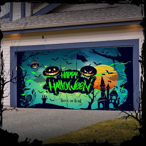 Hixingo Garagentor Banner Halloween Tür Banner mit Ösen und Seil, 3D Gruseliger Kürbis Grab Halloween Party Banner Poster Foto-Hintergrund für Haustür Wand Garage Türdeko (Farbe D,400x180cm) von Hixingo