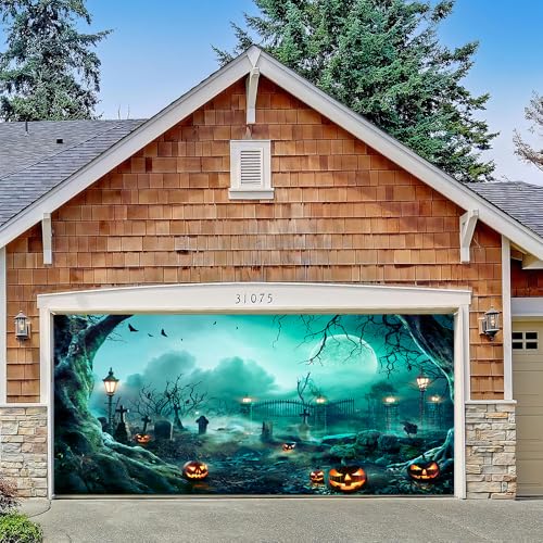 Hixingo Garagentor Banner Halloween Tür Banner mit Ösen und Seil, 3D Gruseliger Kürbis Grab Halloween Party Banner Poster Foto-Hintergrund für Haustür Wand Garage Türdeko (Farbe E,400x180cm) von Hixingo