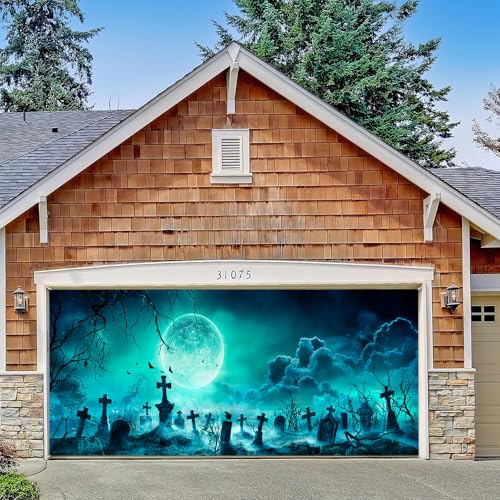 Hixingo Garagentor Banner Halloween Tür Banner mit Ösen und Seil, 3D Gruseliger Kürbis Grab Halloween Party Banner Poster Foto-Hintergrund für Haustür Wand Garage Türdeko (Farbe F,480x230cm) von Hixingo