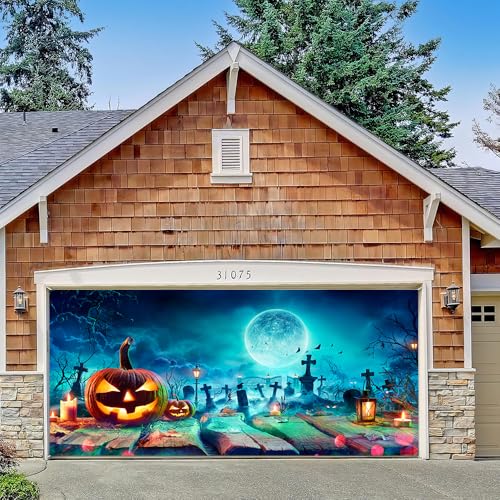 Hixingo Garagentor Banner Halloween Tür Banner mit Ösen und Seil, 3D Gruseliger Kürbis Grab Halloween Party Banner Poster Foto-Hintergrund für Haustür Wand Garage Türdeko (Farbe G,240x210cm) von Hixingo